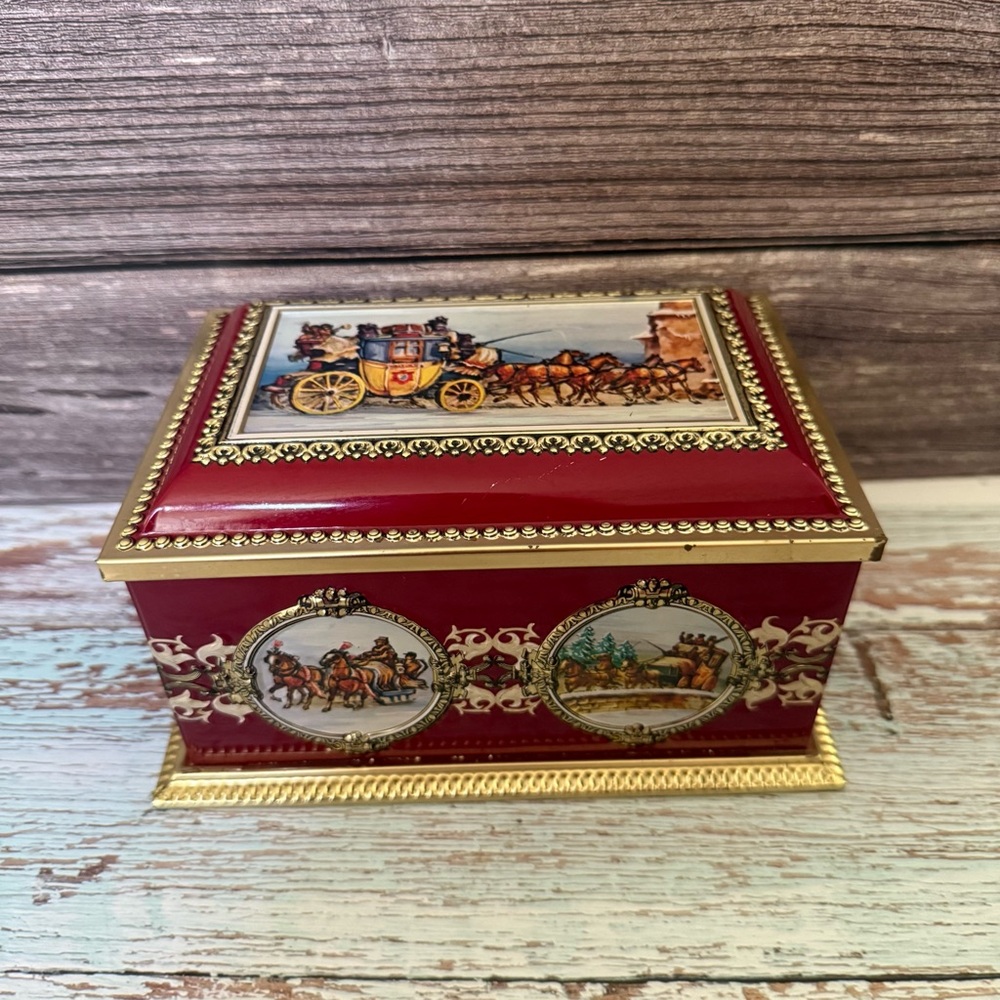 Vintage Klann Quality Hinged Lid Metal Tin Western Germany Red Gold